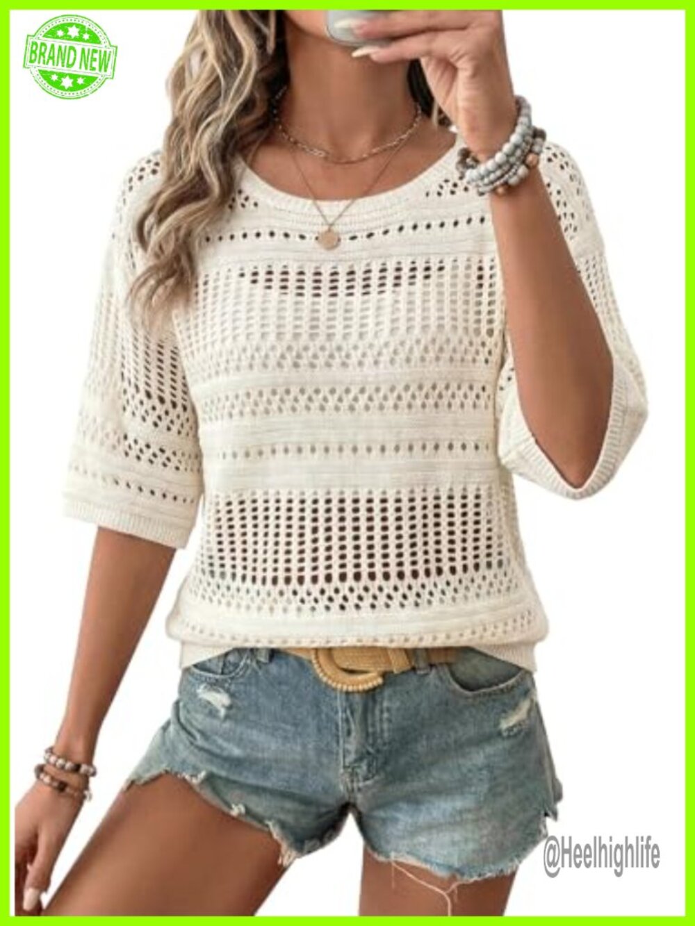 Womens Crochet Tops Half Sleeve Hollow Out Knit Sweater